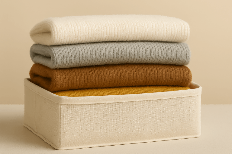 Neatly folded sweaters stacked inside a breathable fabric storage box
